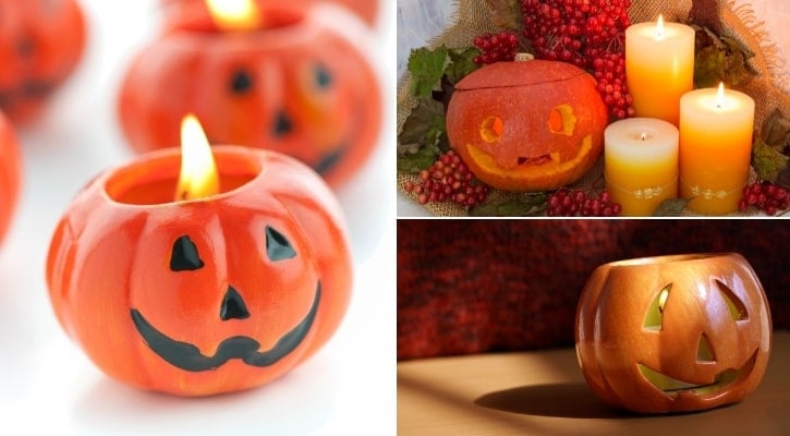 Φθινοπωρινά κηροπήγια με κούφιες κολοκύθες.